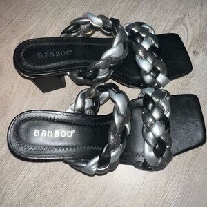 BAMBOO Women's Black and Silver Braided Heels